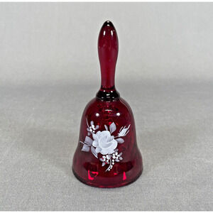 Fenton Art Glass Diamond Optic Red Bell 4 1/4" Hand Painted Rose Signed